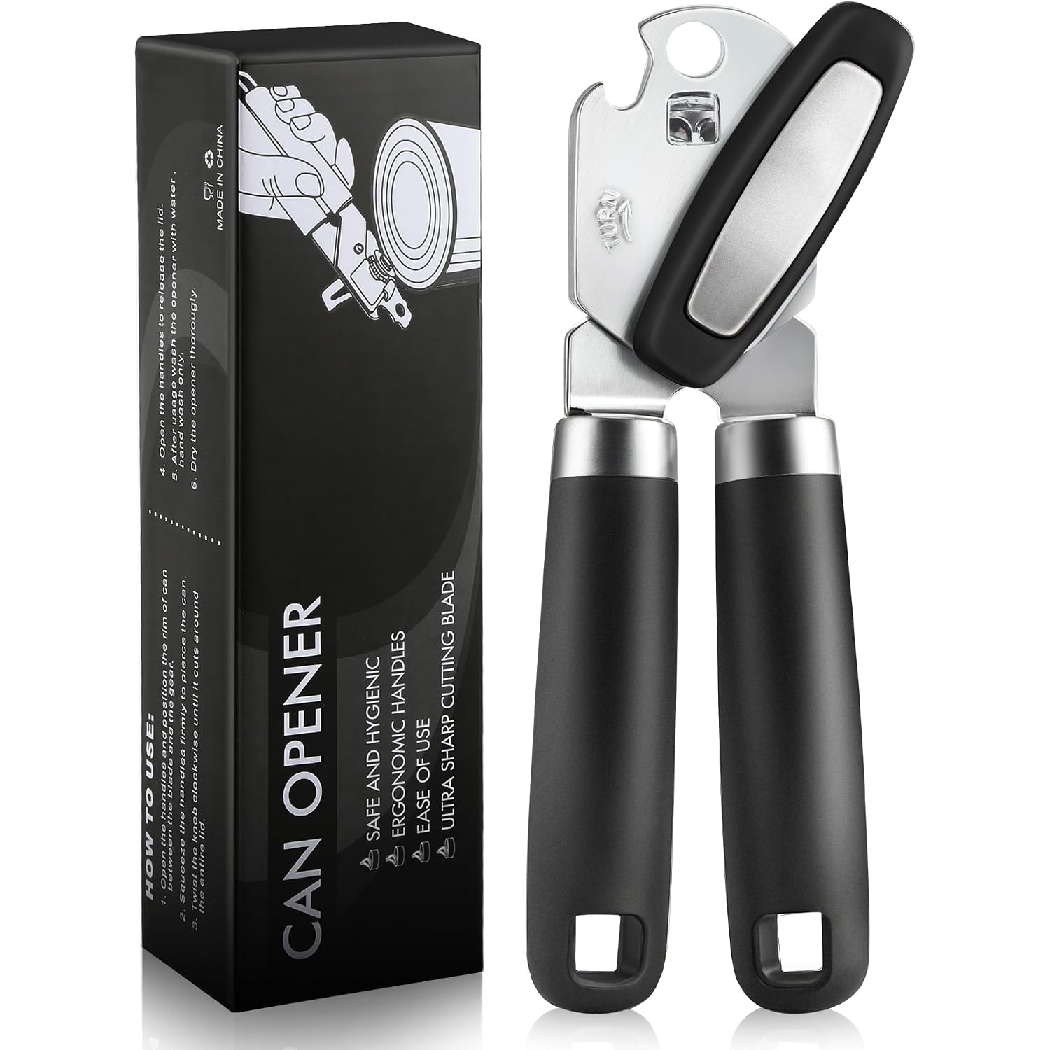 Multifunctional Can Opener Manual, Durable Heavy Duty Handheld Strong Can Opener With Smooth Cutting Edge, Friendly Kitchen Essentials Tool For Seniors, Camping And Bottle Opening-Black