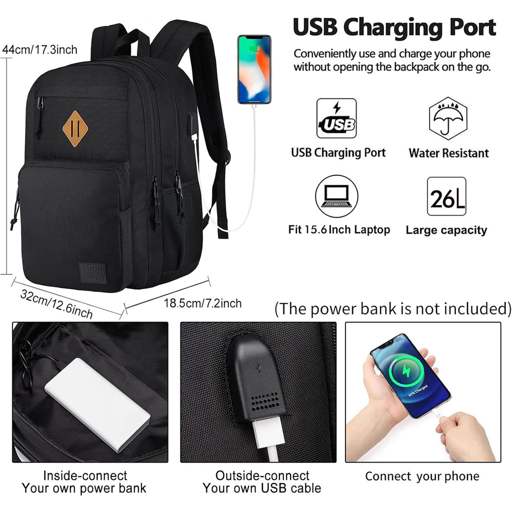 Keofid Travel Backpack For Men And Women, Anti Theft Laptop Backpack With Usb Charging Port For Work, Large Bag For College, Carry-On Backpack With Luggage Strap, Water Resistent(Black)