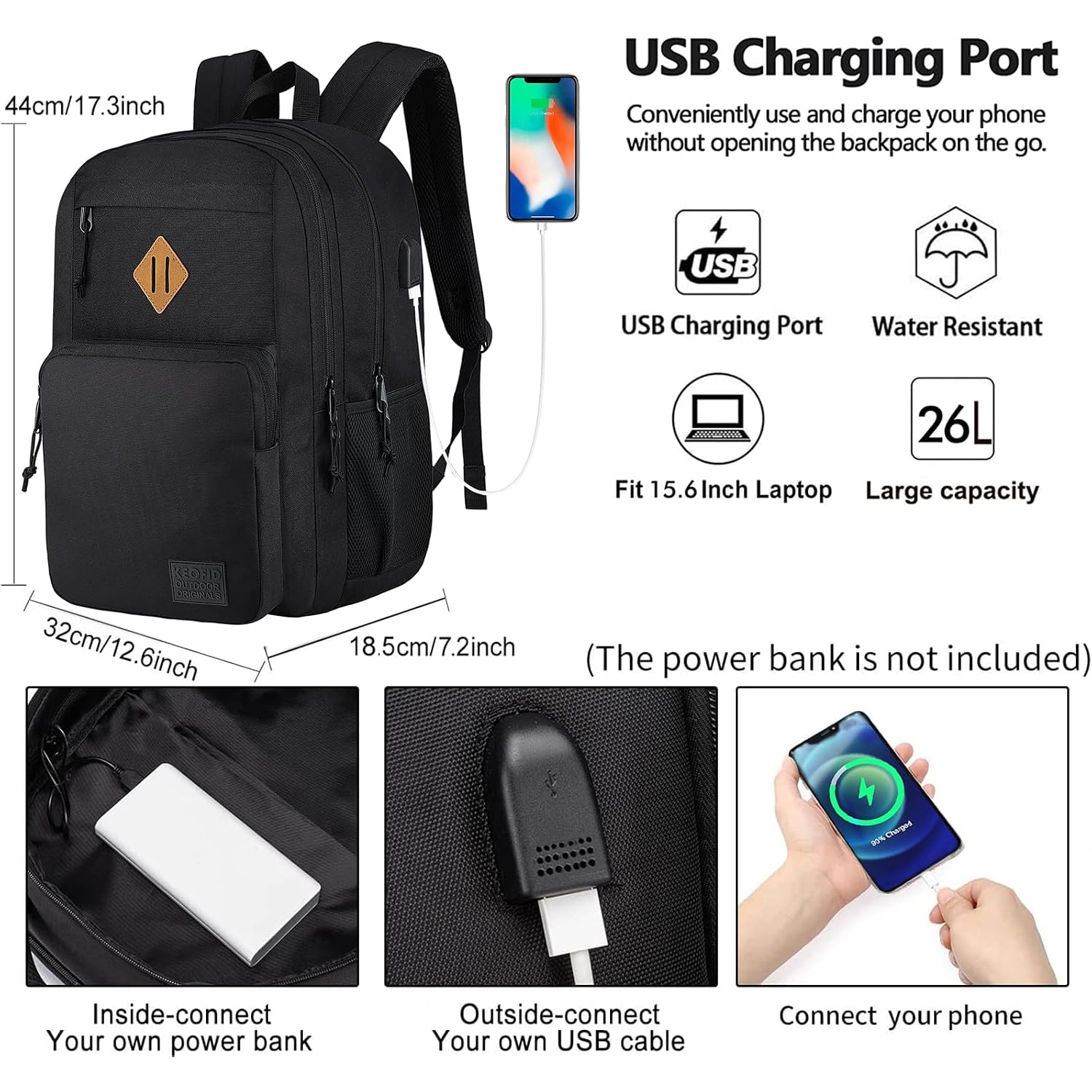 Keofid Travel Backpack For Men And Women, Anti Theft Laptop Backpack With Usb Charging Port For Work, Large Bag For College, Carry-On Backpack With Luggage Strap, Water Resistent(Black)