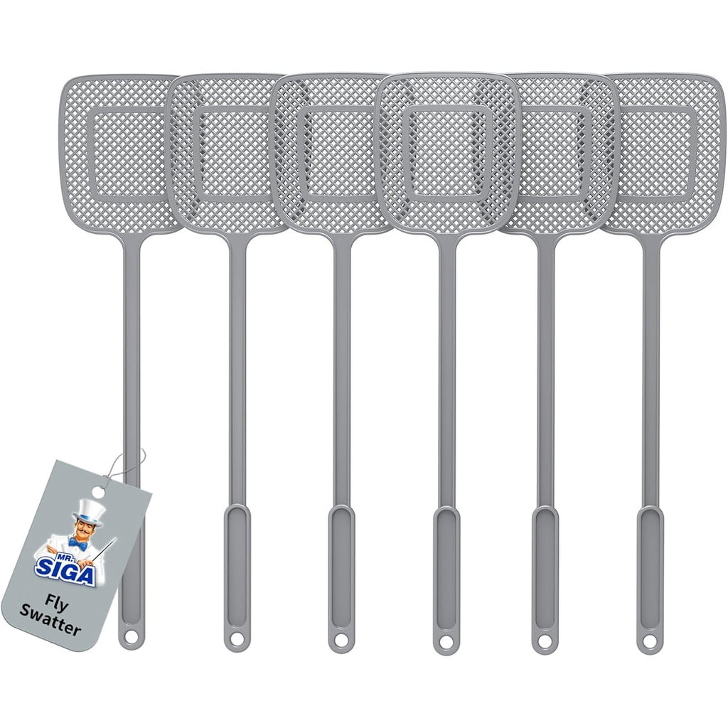 Mr.Siga Heavy Duty Long Handle Fly Swatter, Gray, 6 Pack | Fly Swatter For Indoors, Manual Fly Killer, Bug Swatter
