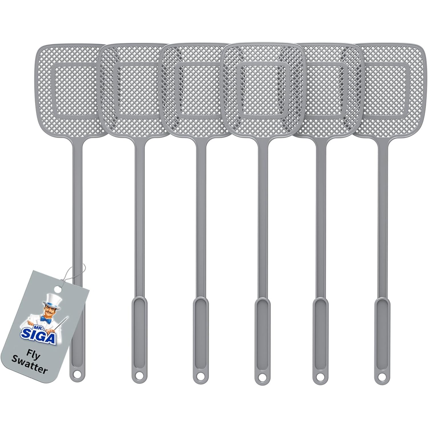 Mr.Siga Heavy Duty Long Handle Fly Swatter, Gray, 6 Pack | Fly Swatter For Indoors, Manual Fly Killer, Bug Swatter