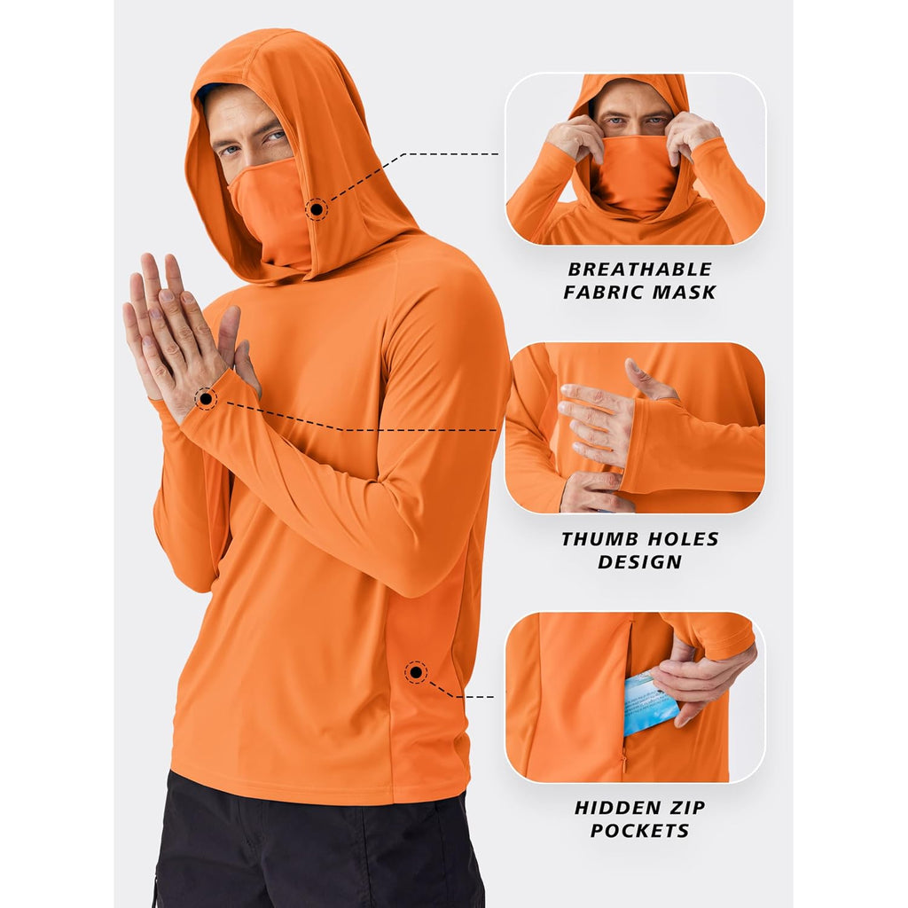 Pinspark Men'S Sun Protection Hoodie With Mask Upf 50+ Uv Long Sleeve Shirt Men Rash Guard Performance Fishing Hiking Shirt