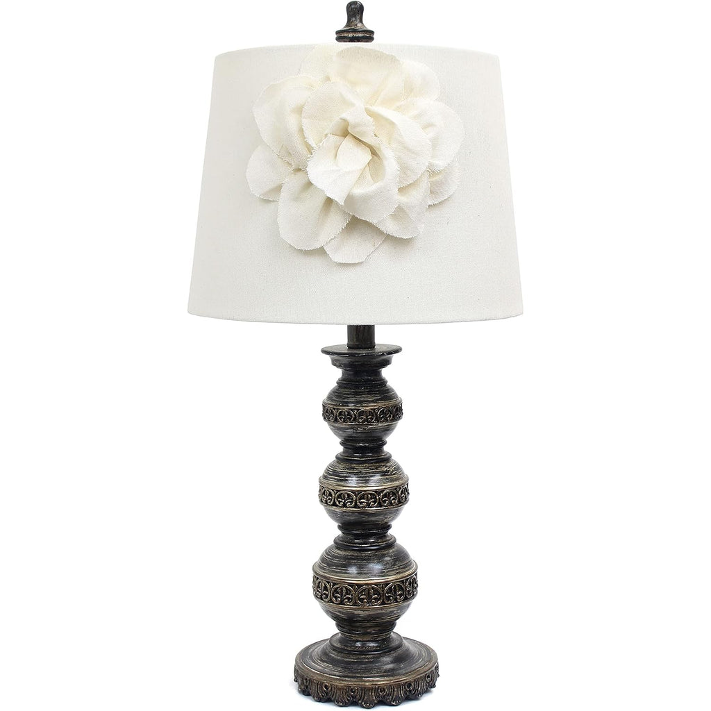 Elegant Designs Lt3097-Wht Stacked Ball Lamp With Couture Linen Flower Shade, Aged Bronze