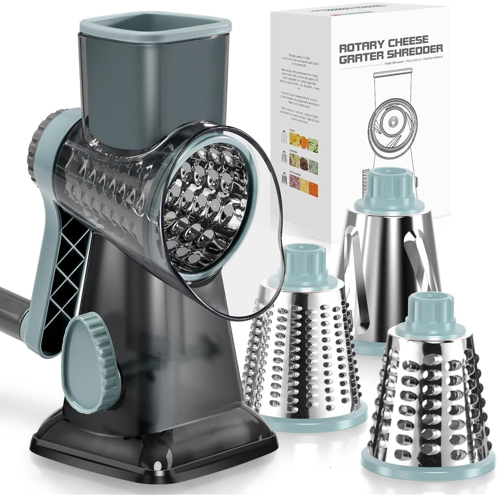 Rotary Cheese Grater Hand Crank Transparent - Shredder Slicer Grinder 3 Stainless Steel Blades, Stable Suction, Labor-Saving Handle, Safe Kitchen Tool For Cheese, Vegetable, Nuts, Chocolate