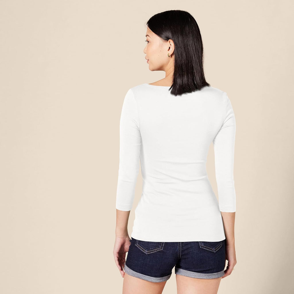 Women's Slim-Fit 3/4 Sleeve Boat Neck Cotton Modal Micro Rib T-Shirt