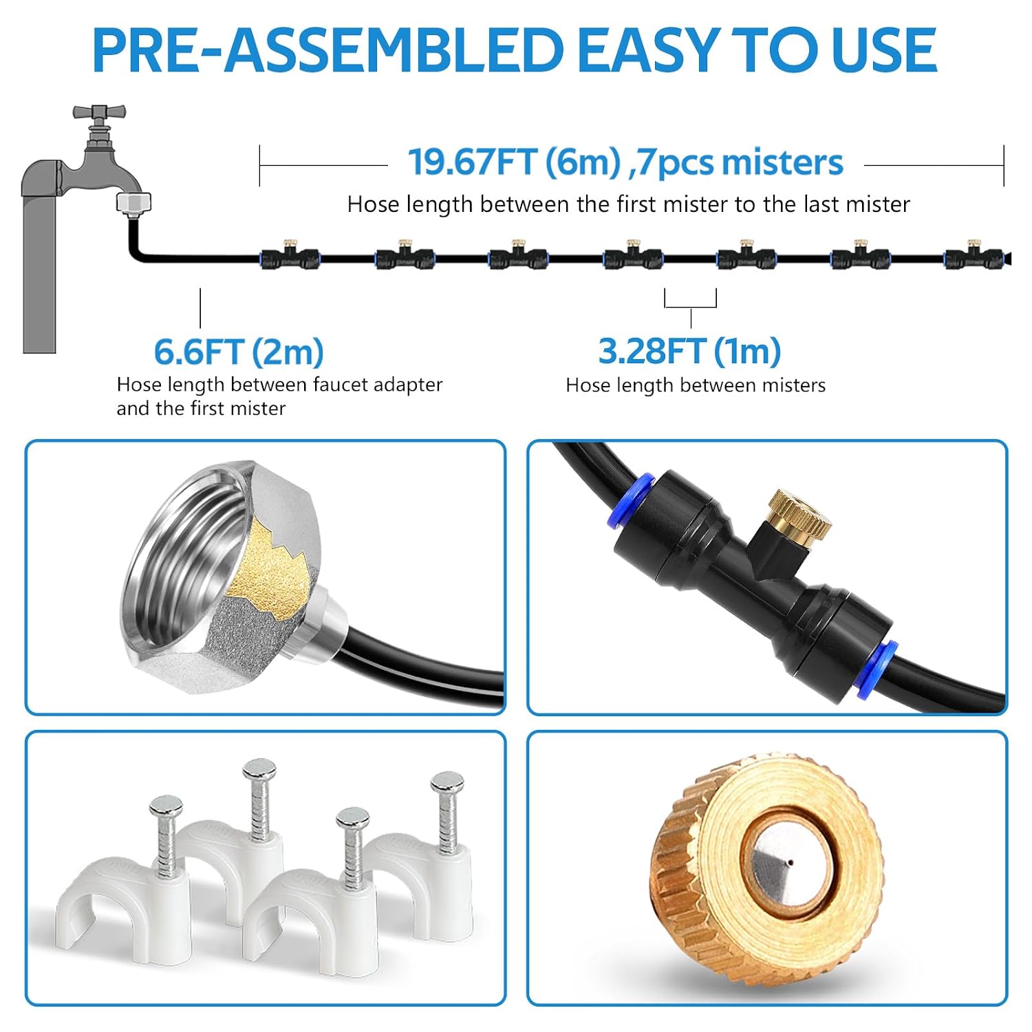 Misting Cooling System, 26Ft (8M) Misting Line + 7 Brass Mist Nozzles + Brass Adapter(3/4") Outdoor Mister For Patio Backyard Garden Greenhouse