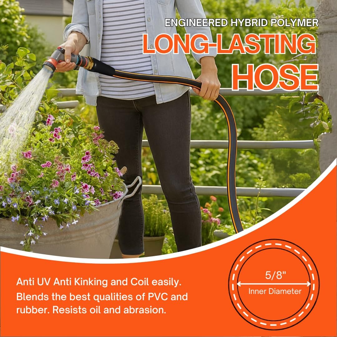 10Ft Flexible Garden Hose, No-Kink Rubber Water Hose, W.P. 200 Psi | Freeze & Wear Resistant Hose With 3/4" Ght Male/Female Fittings, 600 Psi Burst Strength For Outdoor Watering