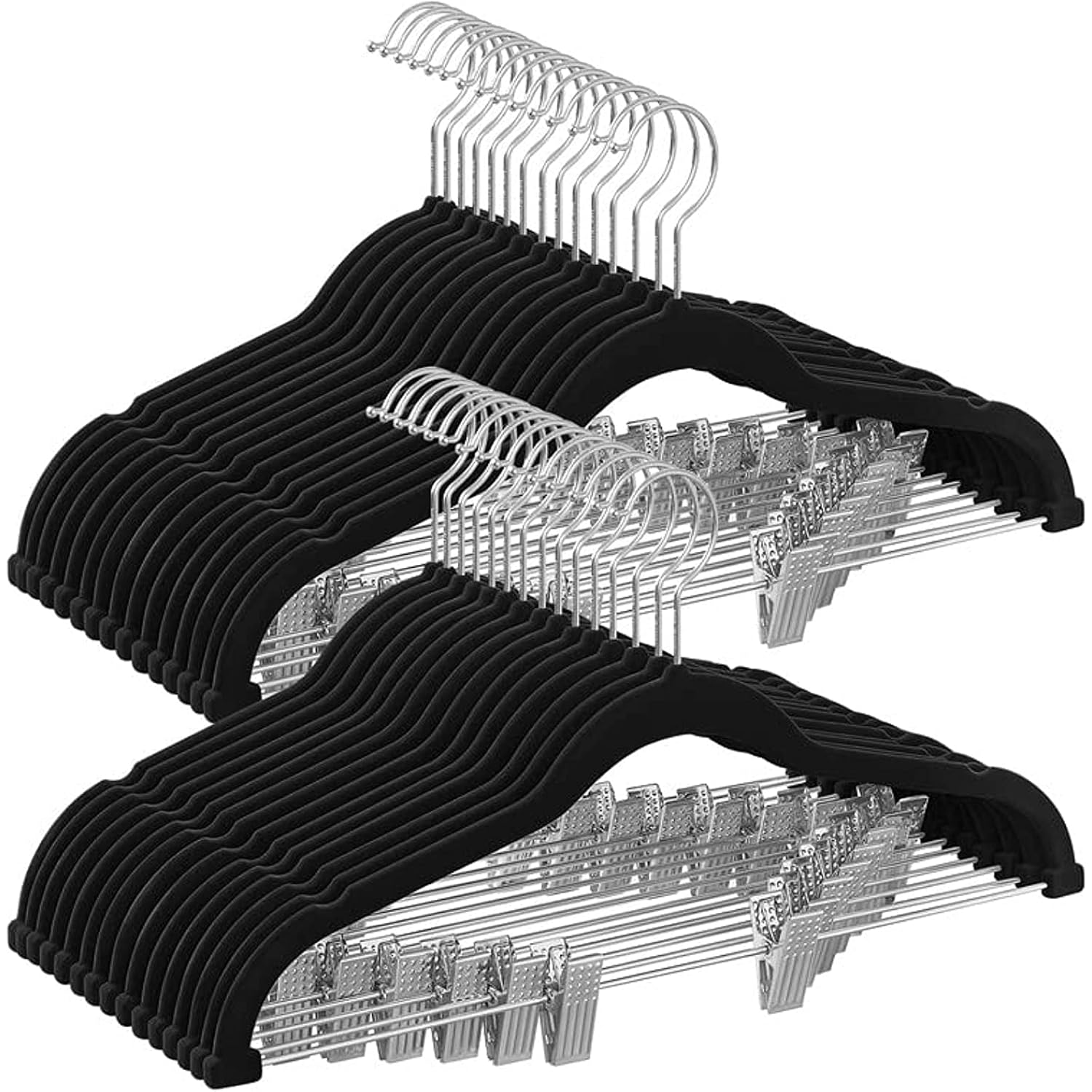 Songmics 30 Pack Pants Hangers, 16.7 Inches Long Velvet Trousers Hangers With Adjustable Clips, Heavy-Duty, Non-Slip, Space-Saving For Pants, Skirts, Coats, Dresses, Tank Tops, Black Ucrf12B30