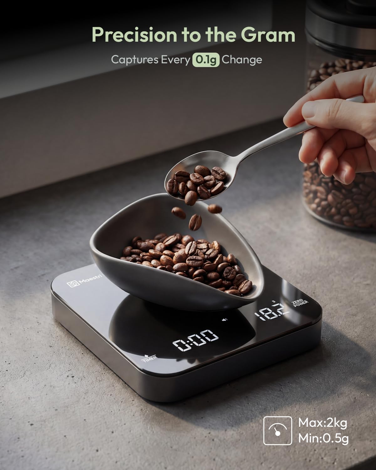 Maestri House S2 Espresso Coffee Scale With Timer, Usb-C Rechargeable 2Kg/0.1G Precision Shot Scale, Digital Scale For Espresso Brewing(Black & Silver)