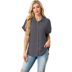 Button Down Short Sleeve Shirts for Women V Neck Loose Roll Up Collared Shirt Casual Summer Tops with Pockets