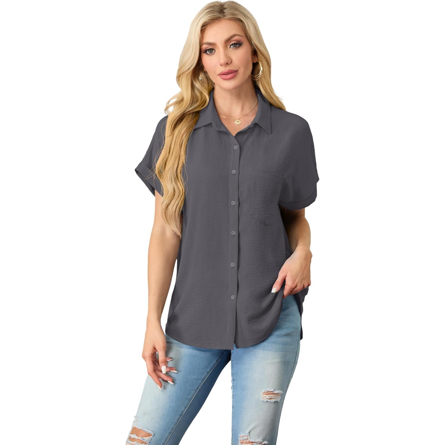 Button Down Short Sleeve Shirts for Women V Neck Loose Roll Up Collared Shirt Casual Summer Tops with Pockets