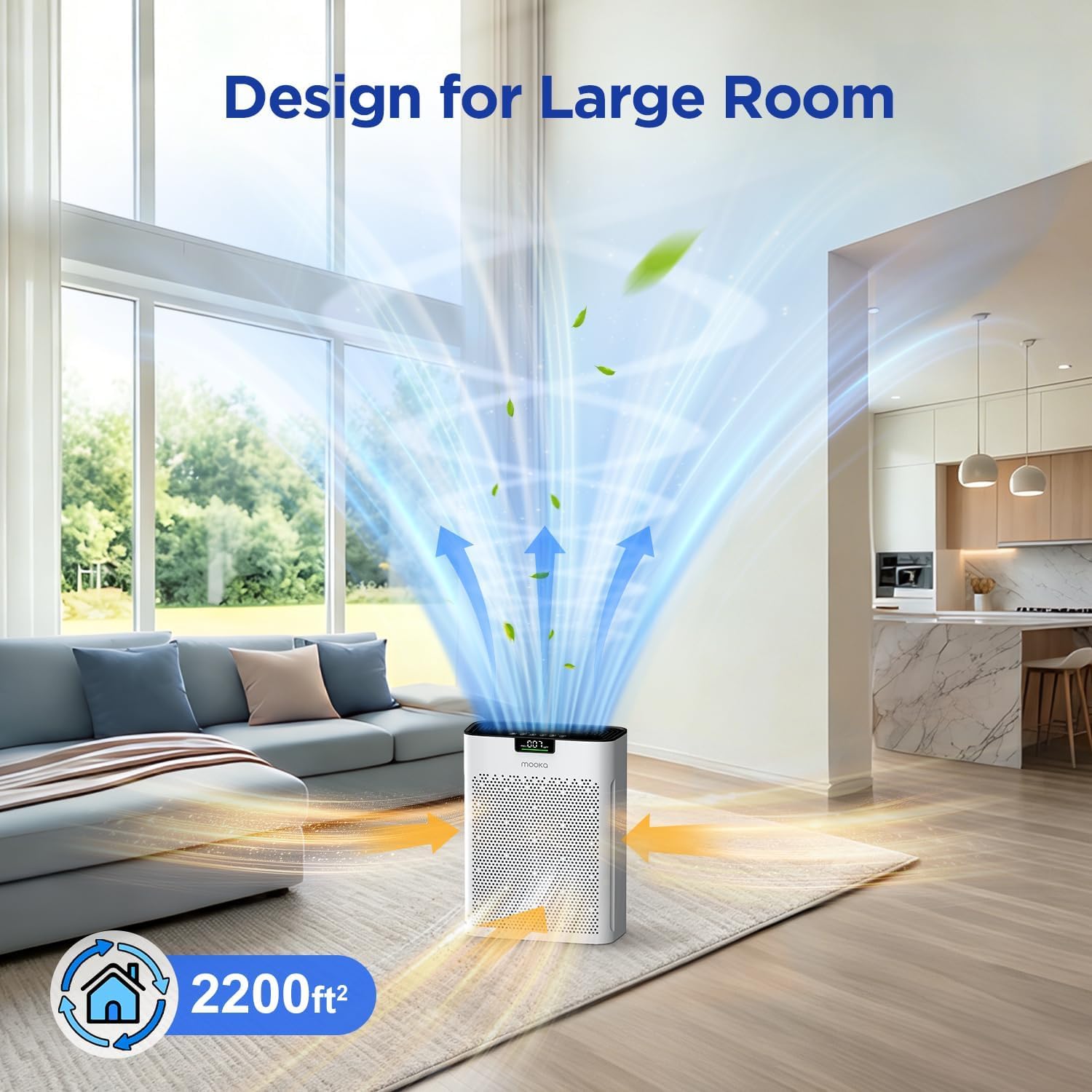 Air Purifier For Home Bedroom Large Room 2200 Ft², Mooka H13 Hepa Air Cleaner With Washable Pre-Filter, Air Quality Monitor, Air Purifiers For Pets Hair Smoke Pollen, Auto Mode, Kj190H White