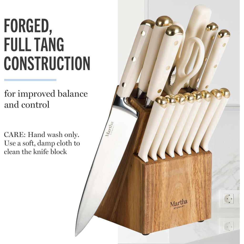 Martha Stewart Knife Block Set 16-Piece - Lockton High Carbon Stainless Steel Forged Full Tang Chef Knives, Acacia Wood Block, Triple Riveted Handles, Linen White & Gold
