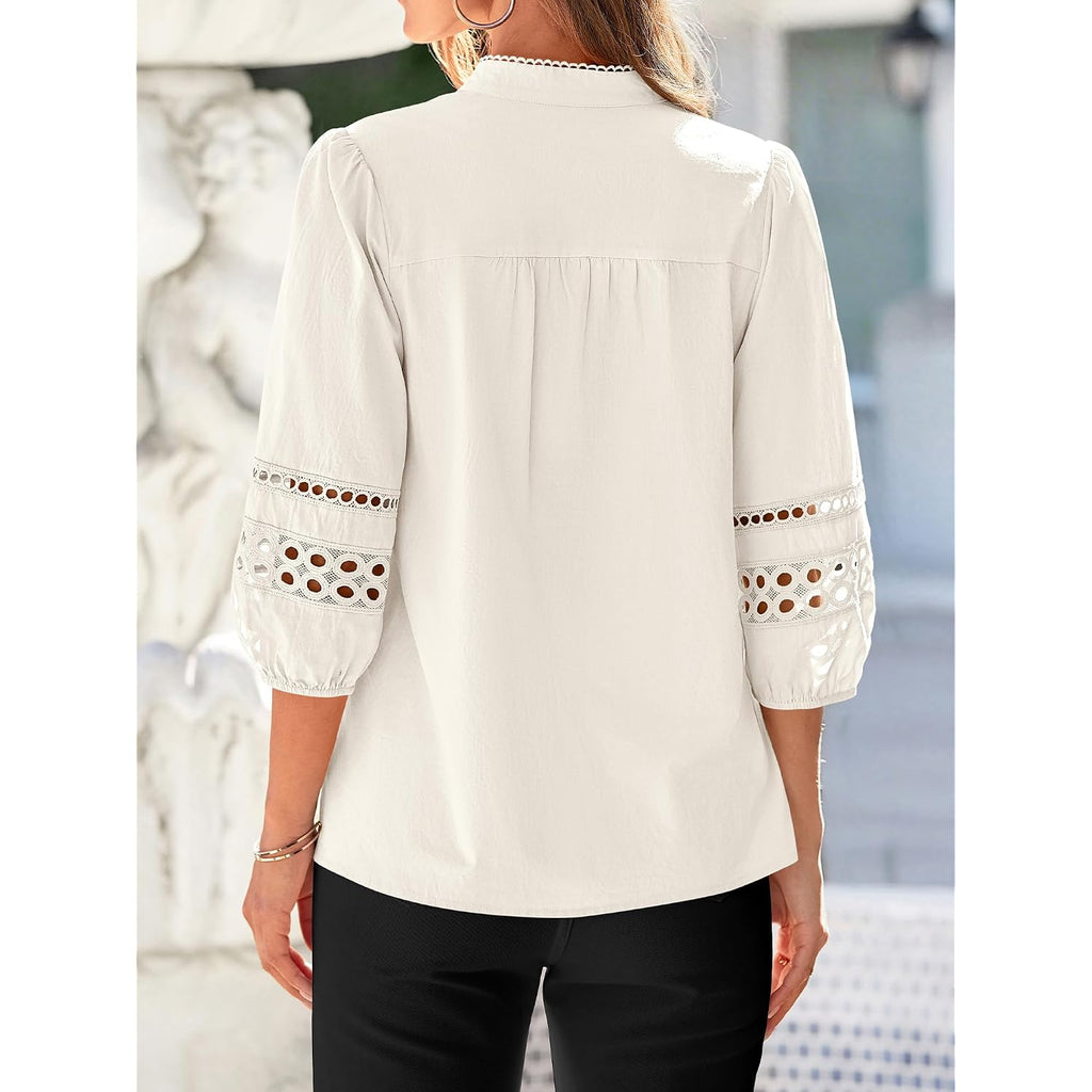 Btfbm Summer Tops For Women 2026 Eyelet Top 3/4 Length Sleeve Dressy Casual Blouses Spring Boho Button Down Shirts