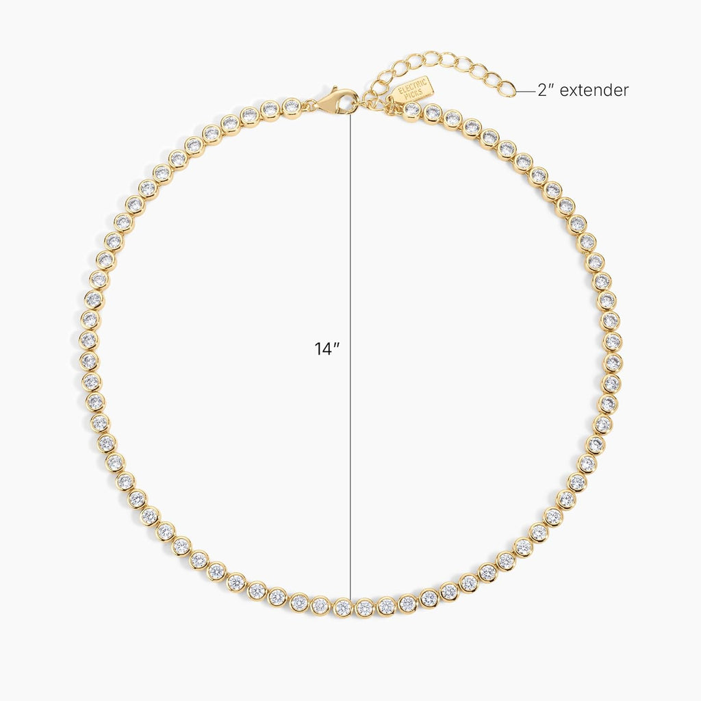 Electric Picks Bezel Tennis Necklace for Women, 14k Gold Plated Bezel-Set Stone Chain Necklace, Dainty Sparkle Layering Jewelry, Elegant Statement Necklace Gift