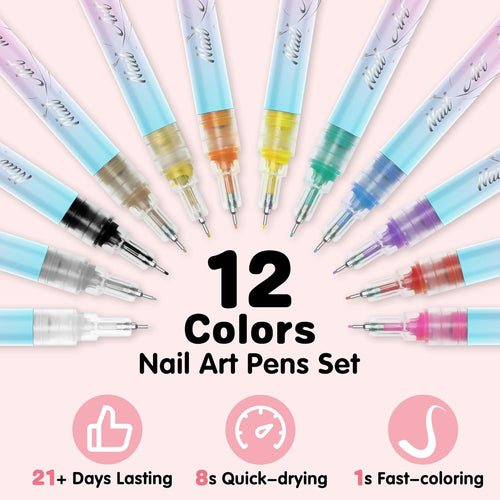 12 Colors Nail Art Pens Set, 0.5mm Ultra-Fine Tip Nail Polish Pens for Drawing Dotting Painting Liner, Quick Dry Non-Toxic Nail Art Markers for DIY Nail Art Crafts, Home, and Salon Use