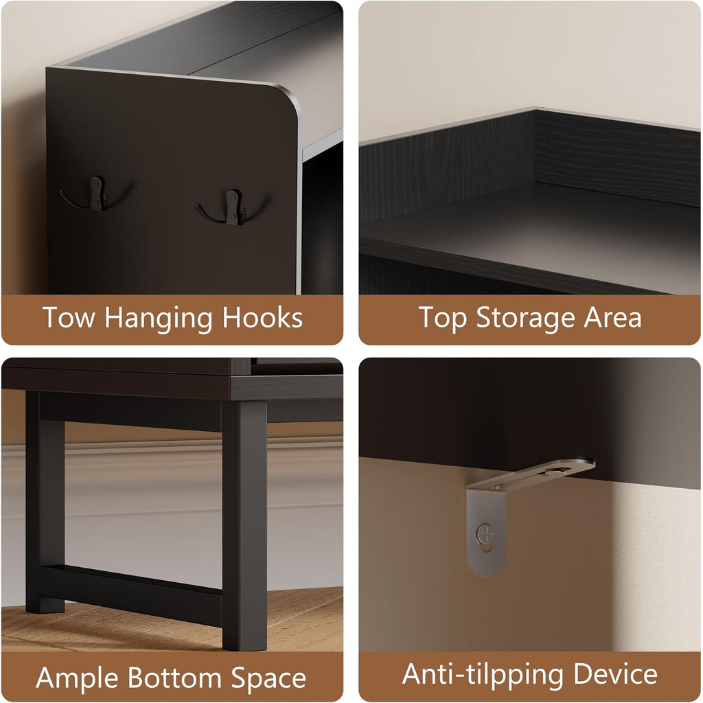 Shoe Cabinet With 2 Flip Drawers, Freestanding Hidden Shoe Storage Organizer For Entryway, Narrow Slim Shoe Rack Cabinet With Open Storage & Hooks For Front Door Entrance, Living Room, Hallway, Black