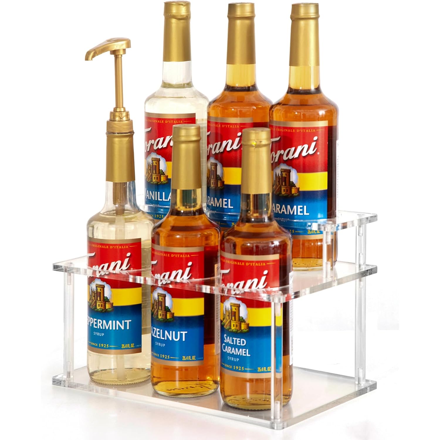 Acrylic Coffee Syrup Organizer, 2 Tier Coffee Syrup Rack (6 Bottle Capacity), Syrup Bottle Holder Stand For Coffee Bar, Kitchen Countertop Syrups, Condiments And Wine (Transparent)