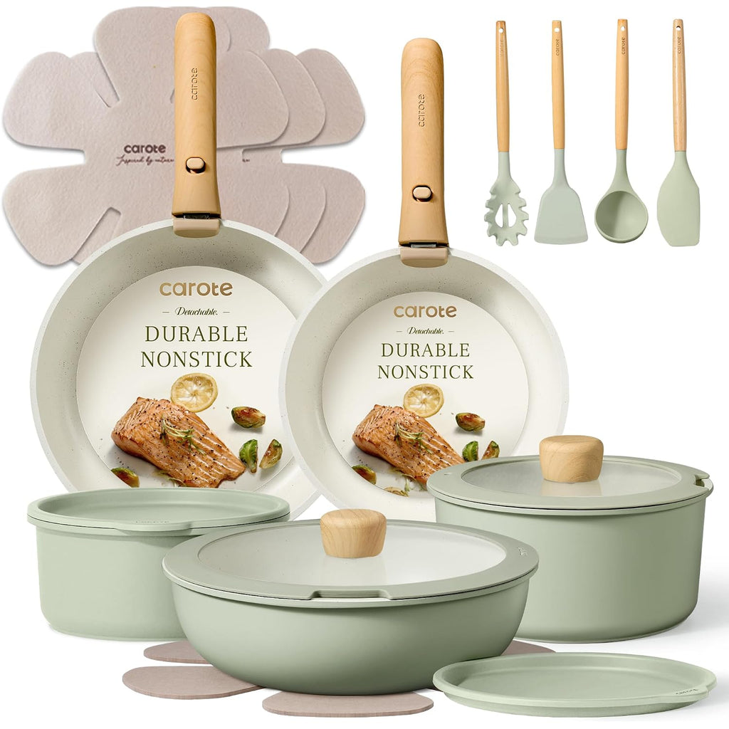 Carote Pots And Pans Set, Nonstick Cookware Set Detachable Handle, 19Pcs Induction Kitchen Cookware Sets Non Stick With Removable Handle, Rv Cookware Set, Oven Safe, Sage Green