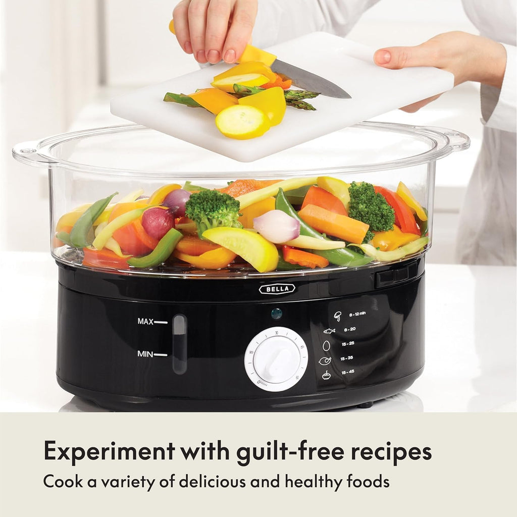 BELLA Two Tier Food Steamer with Stackable Baskets & Removable Base for Fast Simultaneous Cooking - Auto Shutoff & Boil Dry Protection, 7.4 QT, Black