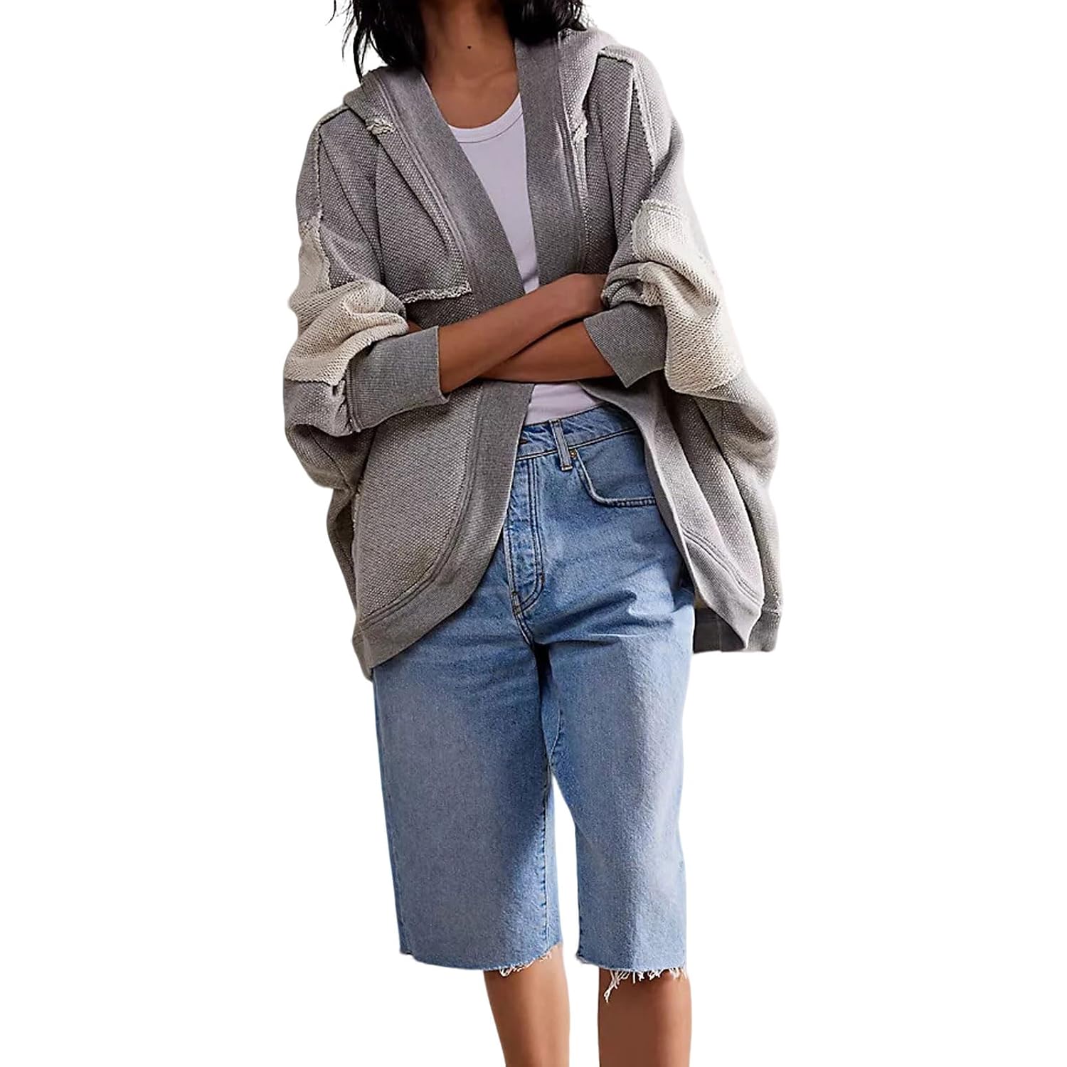 Loveimgs Women Y2K Retro Open Front Hoodie Cardigan Sweatshirt Boyfriend Long Sleeve Hooded Patchwork Jackets Fall Outfit