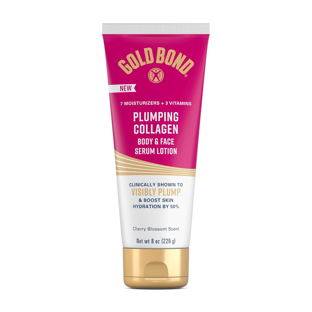Gold Bond Plumping Collagen Body & Face Serum Lotion, Lightweight Hydrating Moisturizer With Collagen Peptide Complex, Jojoba And Grapeseed Oils To Visibly Plump Skin, Cherry Blossom Scent, 8 Oz