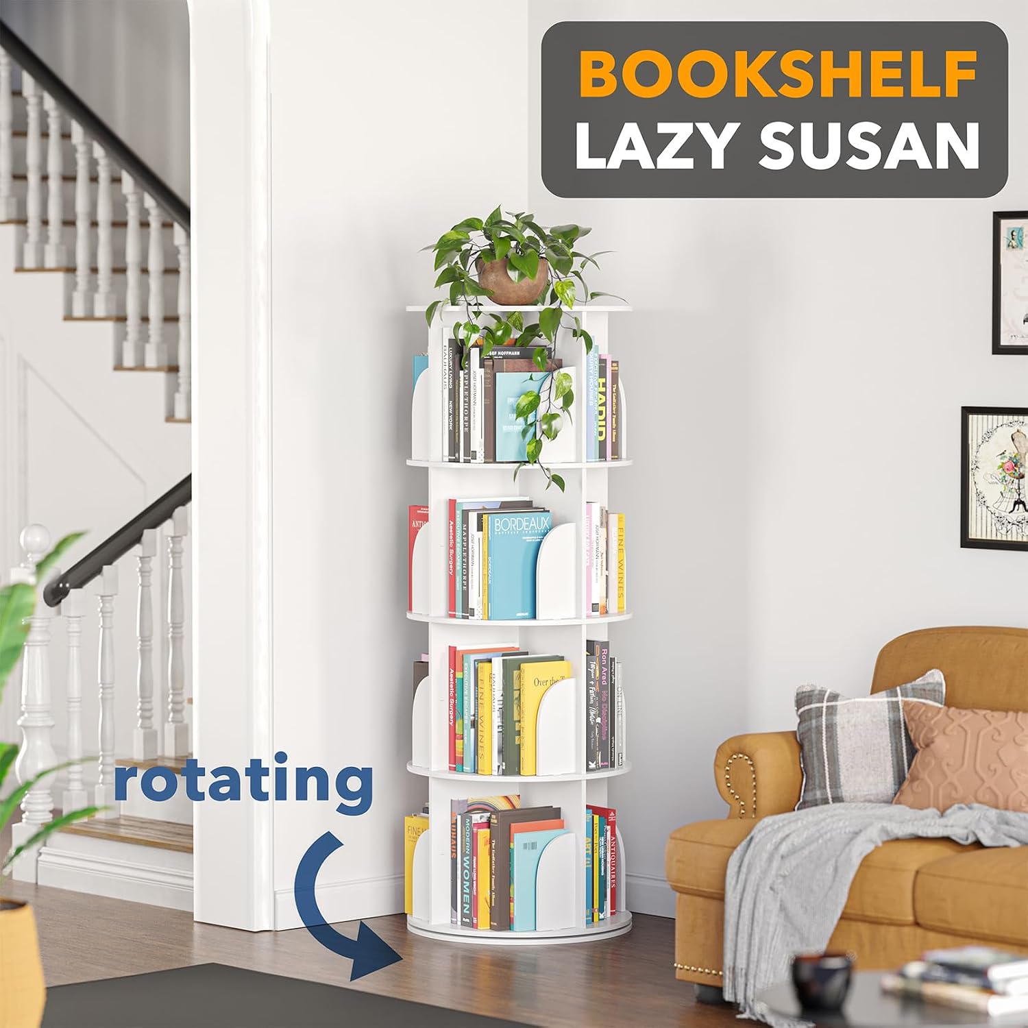 Spaceaid 4 Tier Rotating Bookshelf Tower, Spinning Bookcase Lazy Susan, Revolving 360 Book Shelf Storage Round Carousel, Vertical Rotate Turning Spiral Corner Organizer, White