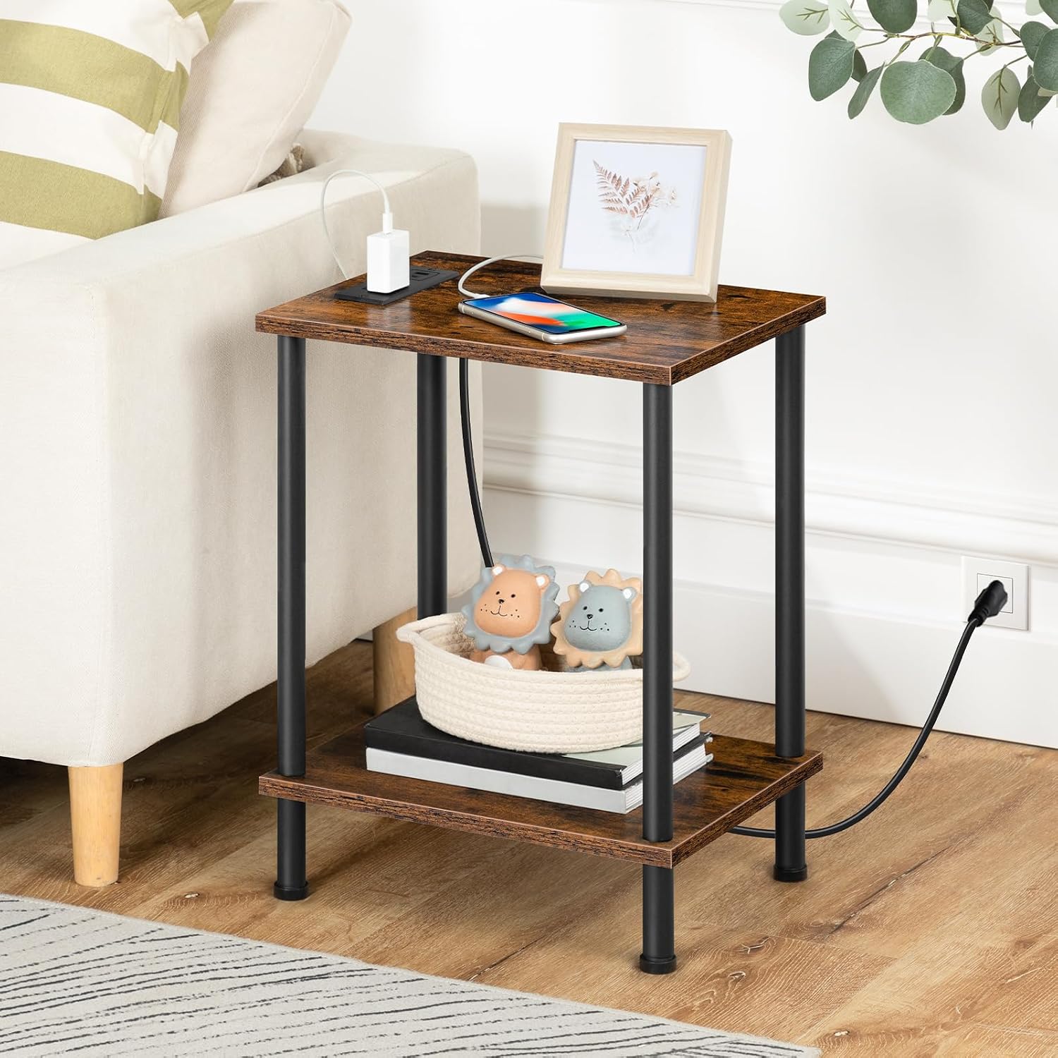 Hoobro Side Table With Charging Station, Set Of 2 End Tables With Usb Port And Outlets, Nightstand With 2-Layer Storage Shelves For Small Spaces, Living Room, Bedroom, Rustic Brown Bf09Ubzp201