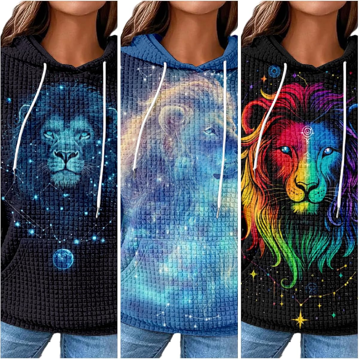 Constellation Zodiac Graphic Hoodies for Women Gothic Waffle Sweatshirt Loose Casual Drawstring Fall Pullover