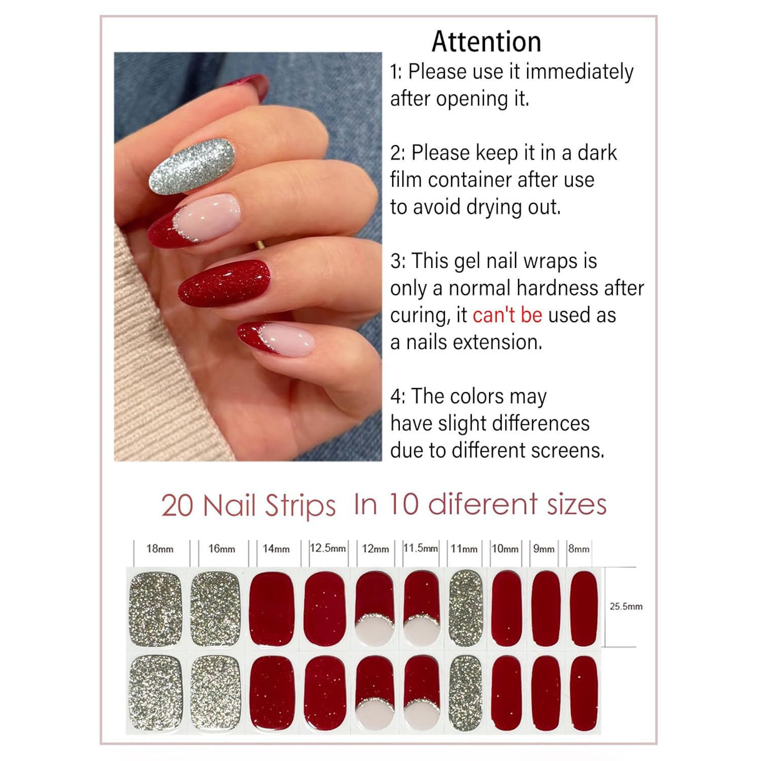 Semi Cured Gel Nail Strips, 20pcs Red Glitter Wraps Work with UV for Home Nail Art DIY, Easy to Use and Remove