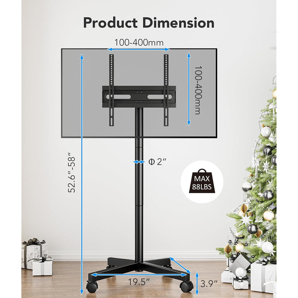Mobile Tv Cart Stand With Wheels For 23-60" Tvs, Height Adjustable, Portable Floor Stand Holds Up To 88 Lbs, Rolling Tv Mount Max Vesa 400X400Mm