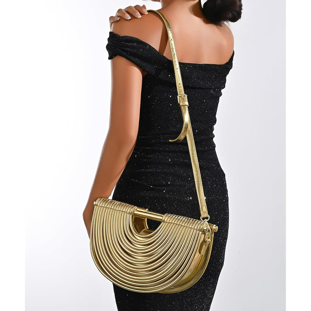 Half-Moon Clutch Purse For Women Wedding Woven Evening Shoulder Bag Top Handle Gold Party Prom Handbag
