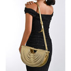 Half-Moon Clutch Purse For Women Wedding Woven Evening Shoulder Bag Top Handle Gold Party Prom Handbag