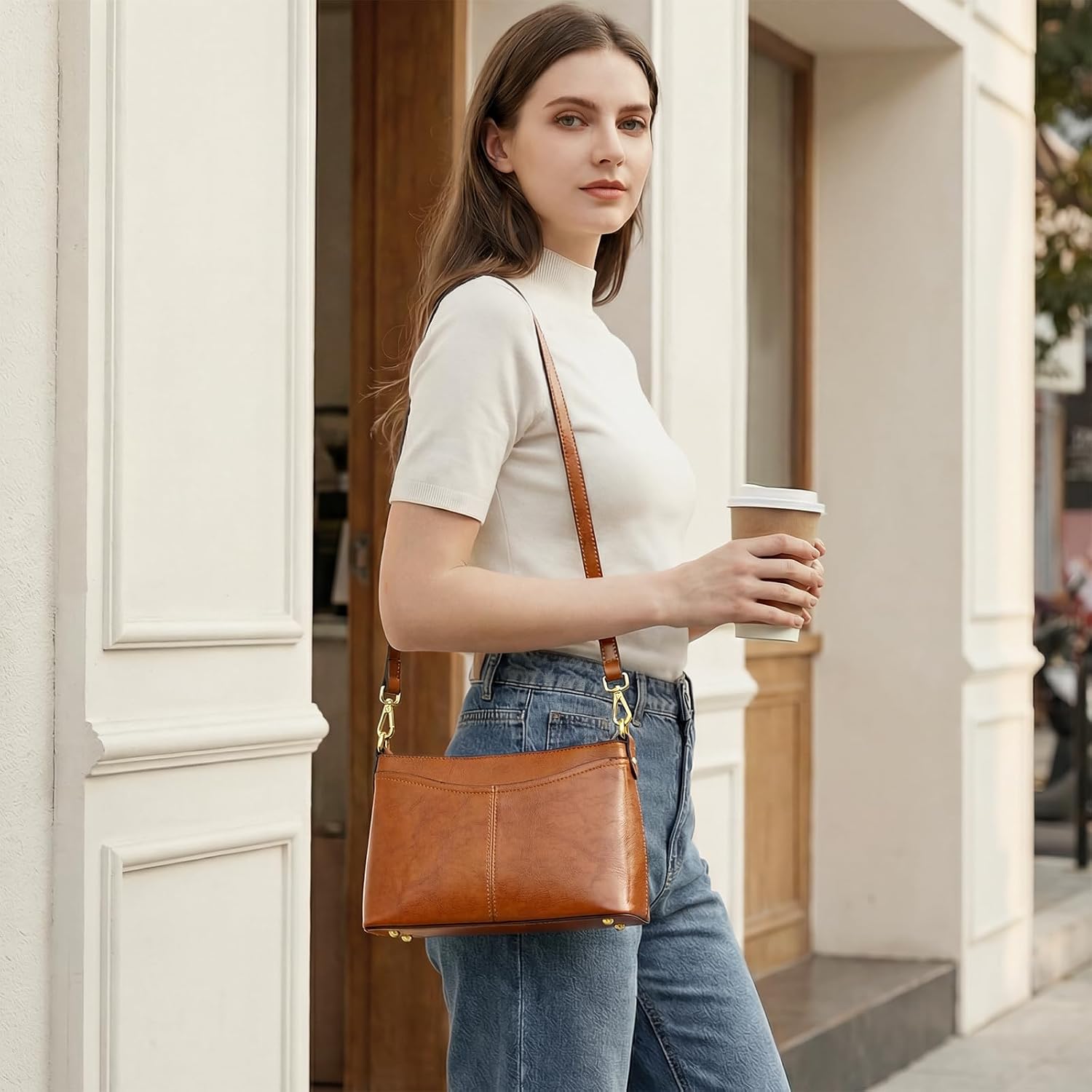 Kattee Genuine Leather Crossbody Bags For Women Small Shoulder Purse Handbags With 2 Detachable Straps 6 Card Slots