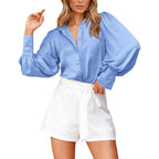 Btfbm Women Satin Blouses Summer Fall Clothes Button Down Lantern Long Sleeve Shirts Work Business Casual Dressy Tops
