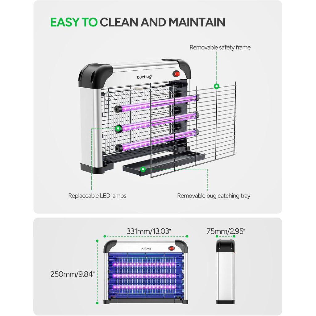 Buzbug Led Bug Zapper Indoor, 3 Efficient 50000H Led Bulbs, Energy Saving & Dual Band Attraction, High-Voltage Electric Mosquito Zapper, Fly Trap Mosquito Trap, Fly Killer Fly Zapper -Ma009