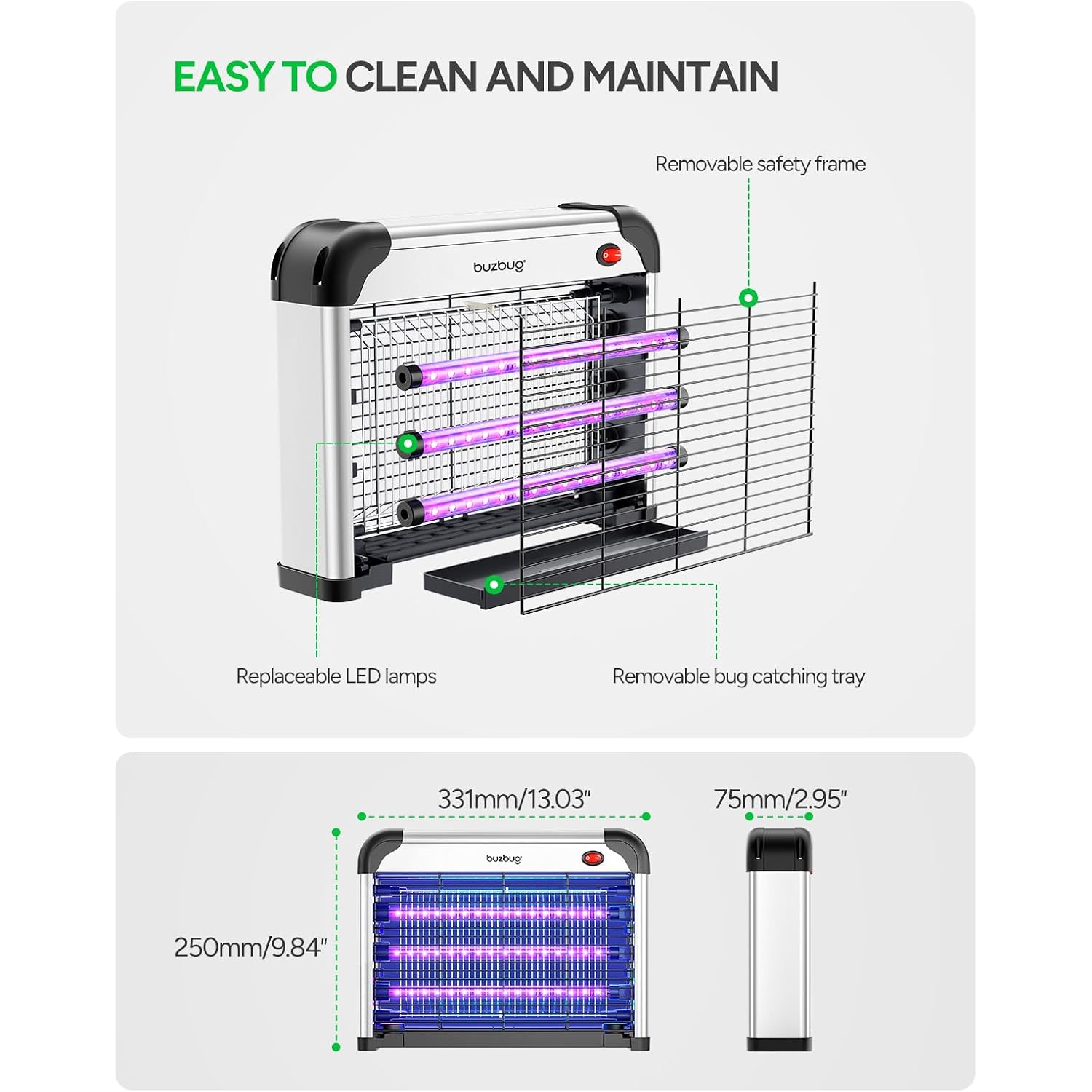 Buzbug Led Bug Zapper Indoor, 3 Efficient 50000H Led Bulbs, Energy Saving & Dual Band Attraction, High-Voltage Electric Mosquito Zapper, Fly Trap Mosquito Trap, Fly Killer Fly Zapper -Ma009
