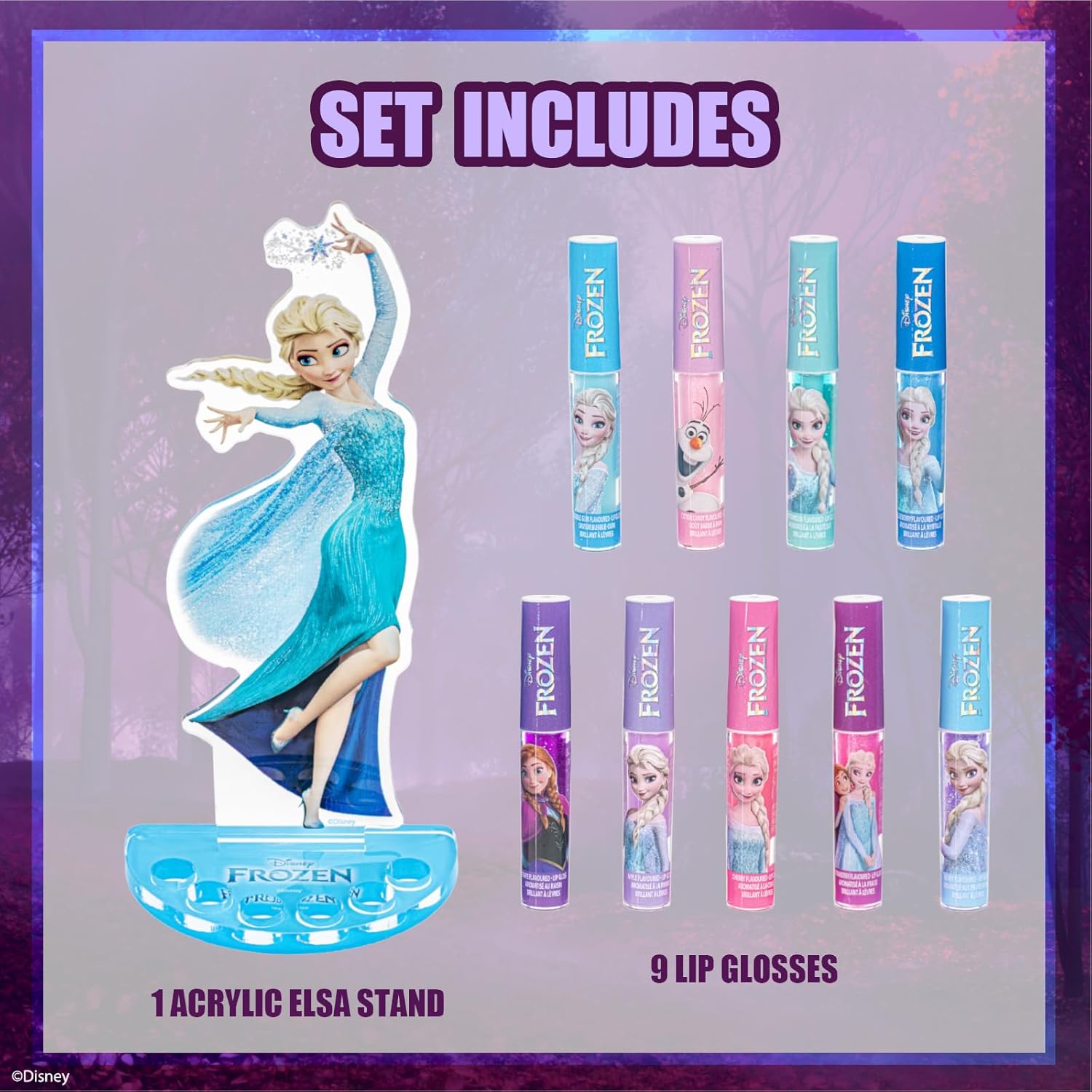 Townley Girl Disney Frozen Elsa Lip Gloss with Acrylic Stand for Storage and Display, Plant Based Lip Gloss, Perfect for Parties, Sleepovers, Makeovers, Birthday Gift for Girls, Age 3