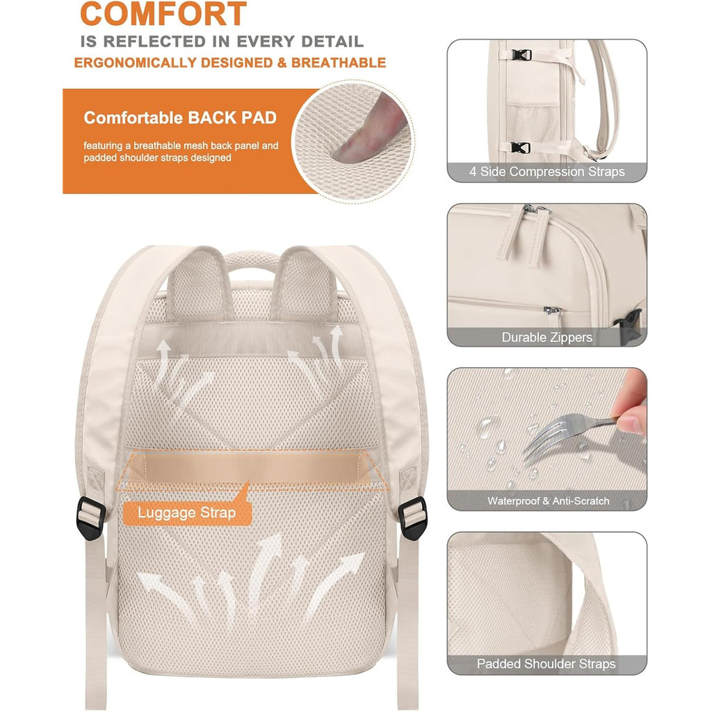 Travel Backpack For Women Men Waterproof Laptop Backpack Airlines Approved Carry On Backpack Bag Computer Bookbag For Business, Work, Traveling Fits 15.6 Inch Laptop(Beige)