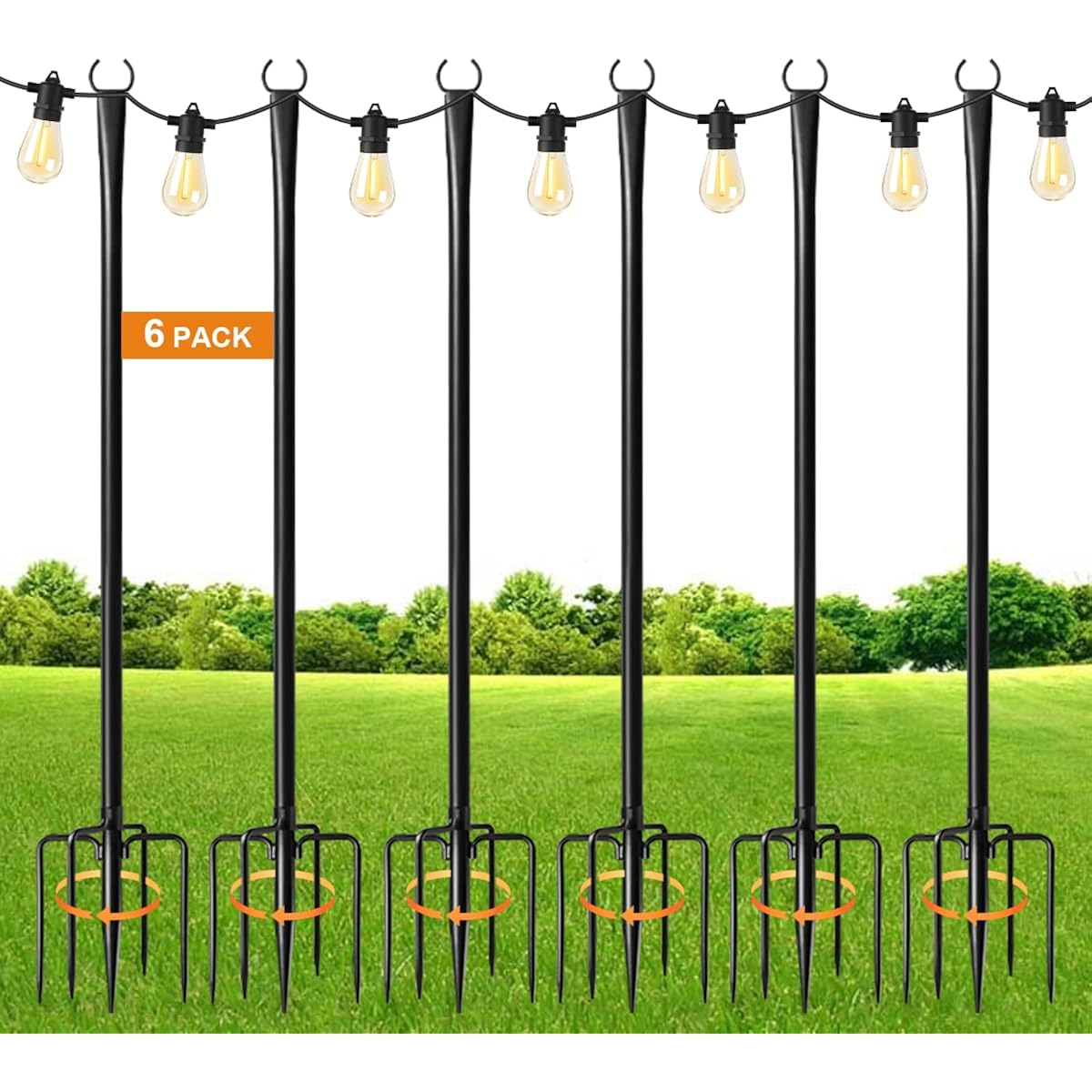 6 Pack 9Ft String Light Poles For Outdoor,Metal Lights Hanging Pole Outside With Fork,Light Stand For Patio, Pergola, Garden, Backyard, Yard, Camping Party