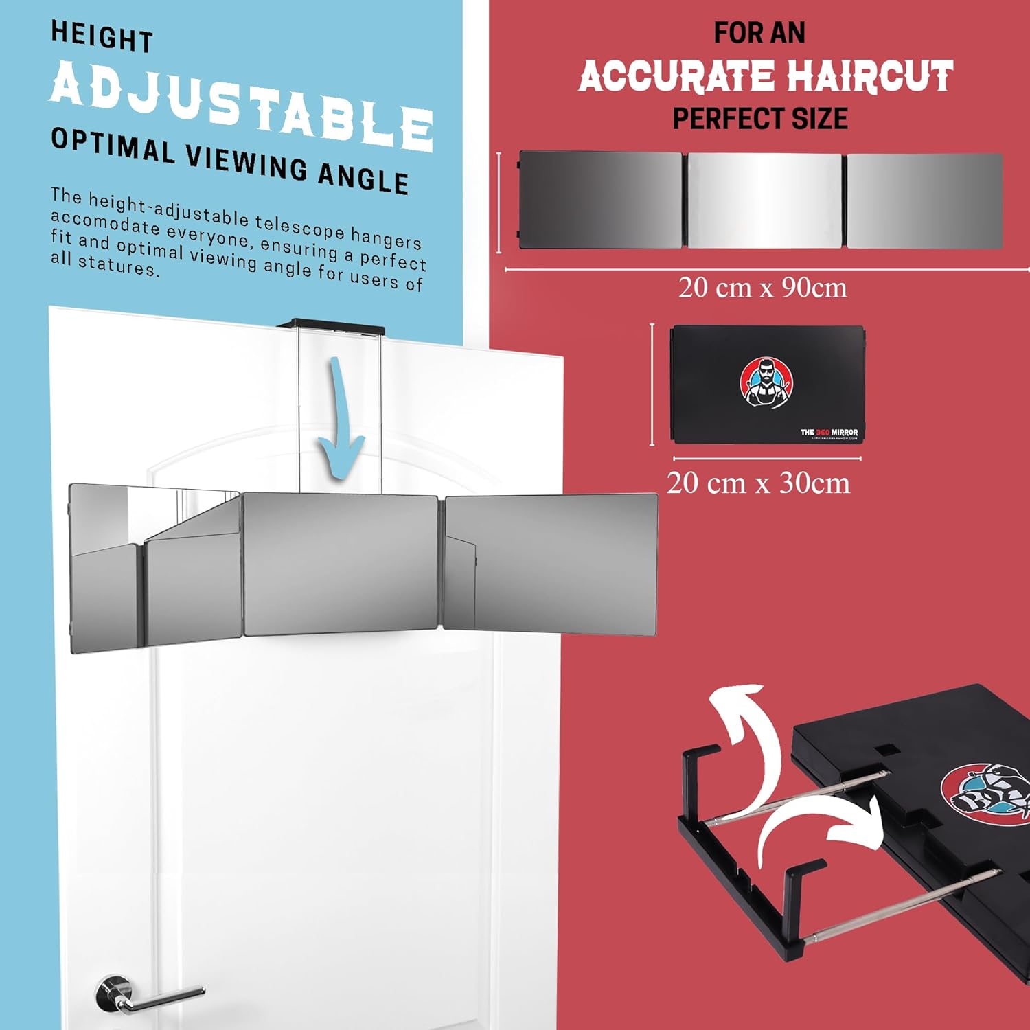 The 360 Mirror - 3 Way Mirror for Self Hair Cutting - Adjustable Trifold Barber Miror to Cut Your Own Hair - Tri Fold Self Haircut System for Men and Women Braiding - Three Sided Miror for Haircuts