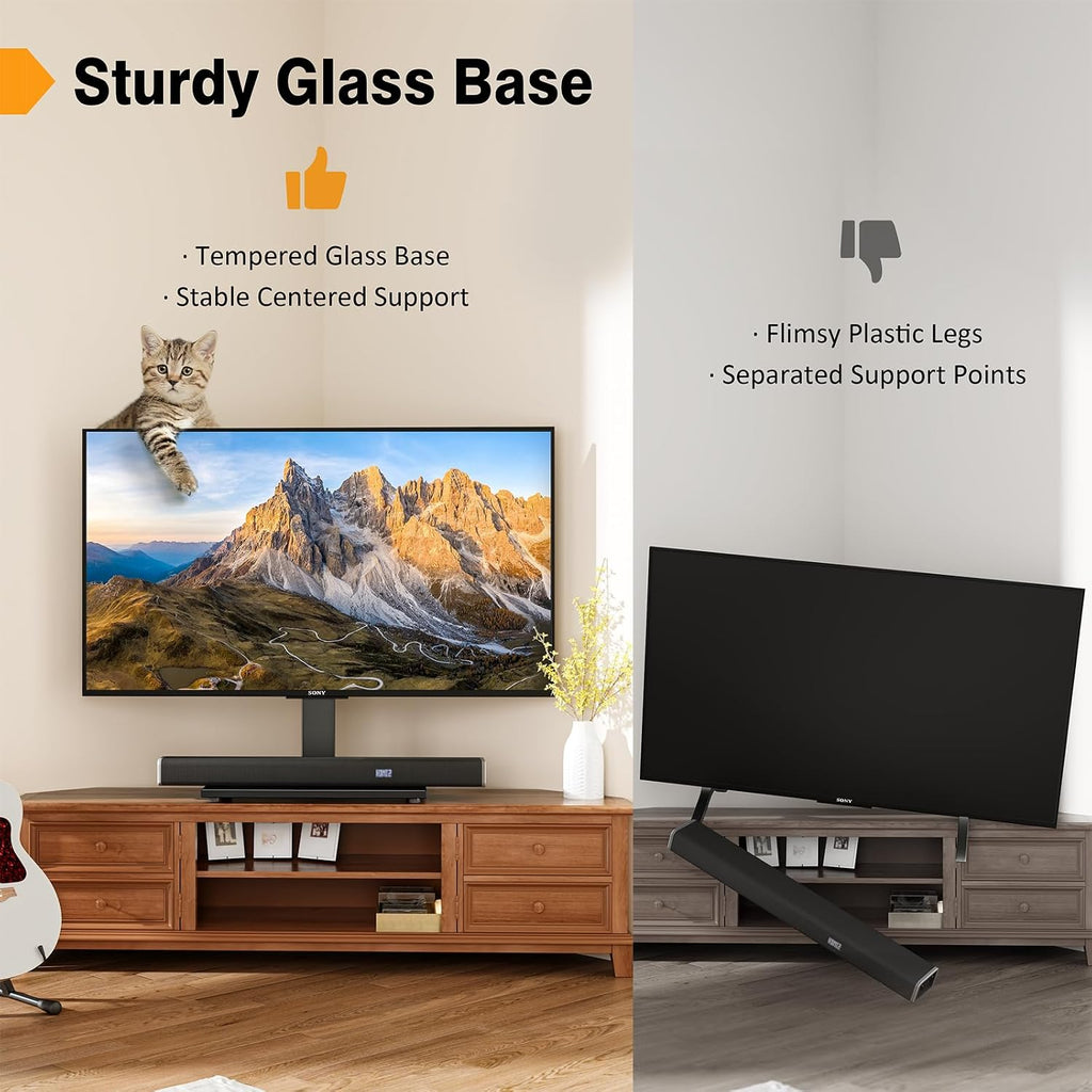 Universal Tv Stand - Table Top Tv Stand For 27-60 Inch Lcd Led Tvs - 6 Level Height Adjustable Tv Base Stand With Tempered Glass Base & Wire Management, Vesa 400X400Mm