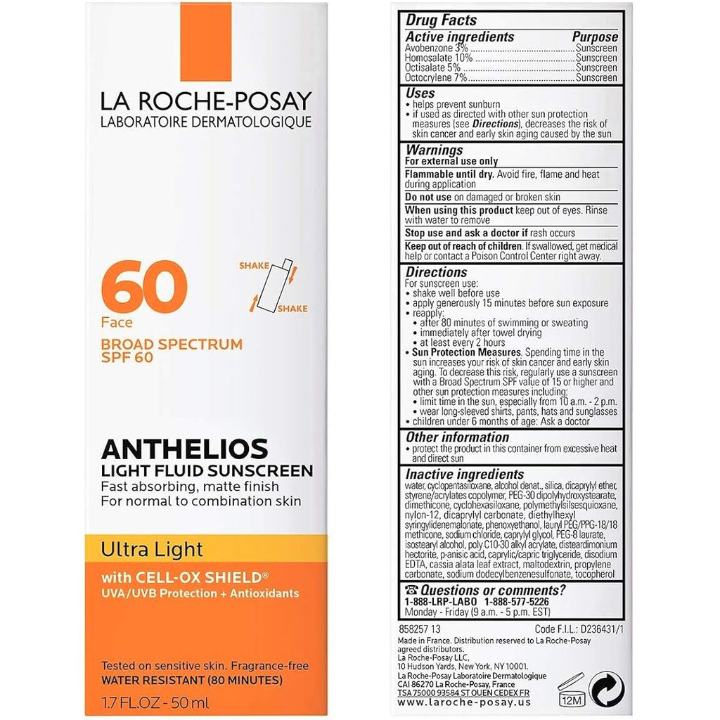 Anthelios Light Fluid Facial Sunscreen Spf 60, Lightweight Sunscreen For Face, Fluid Texture, Broad Spectrum Spf