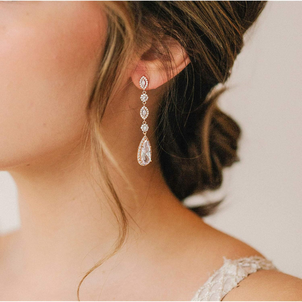 SWEETV Long Pear-Shaped Rose Gold Wedding Birdal Earrings for Brides, Bridesmaids, Crystal Chandelier Dangle Drop Earrings for Women Prom