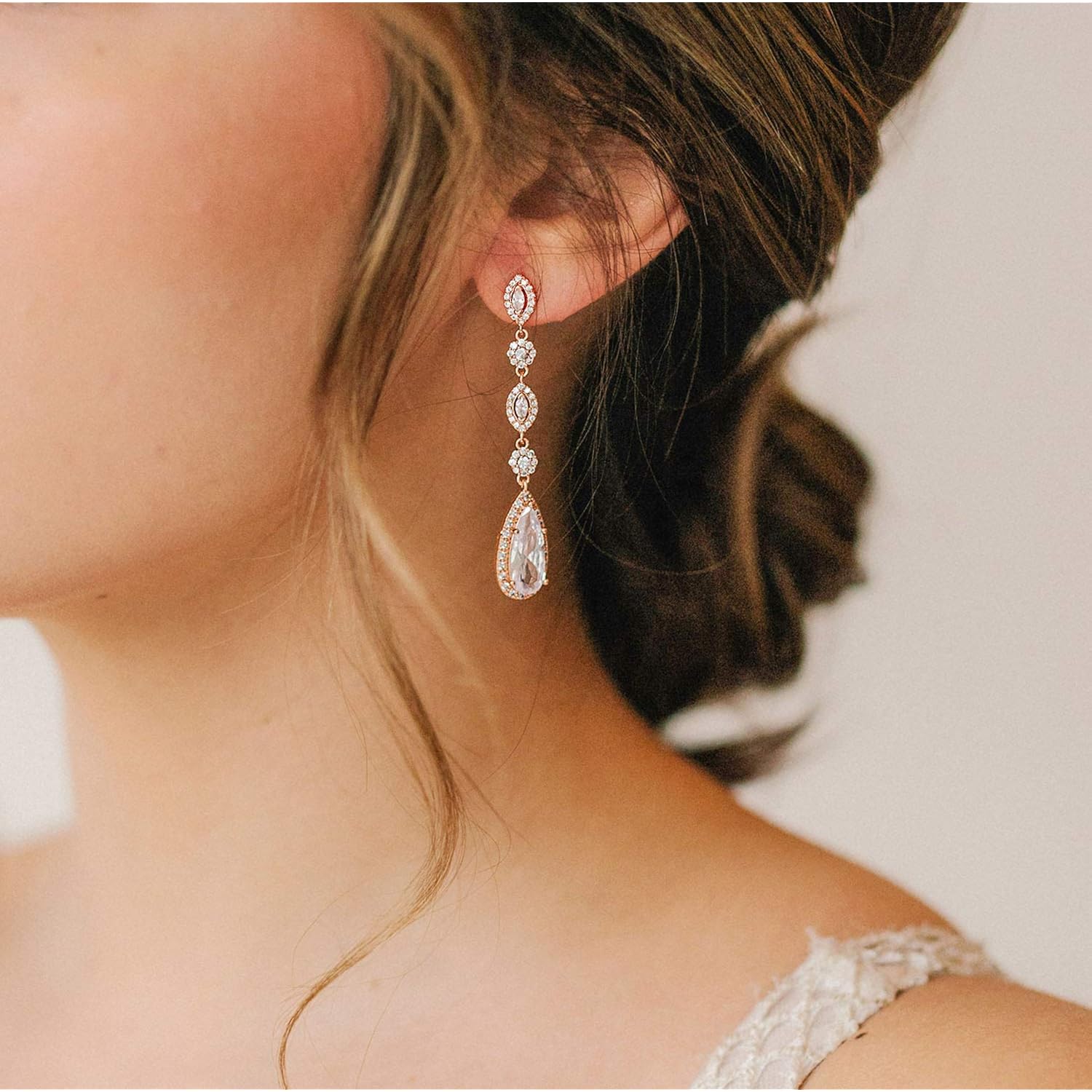 SWEETV Long Pear-Shaped Rose Gold Wedding Birdal Earrings for Brides, Bridesmaids, Crystal Chandelier Dangle Drop Earrings for Women Prom
