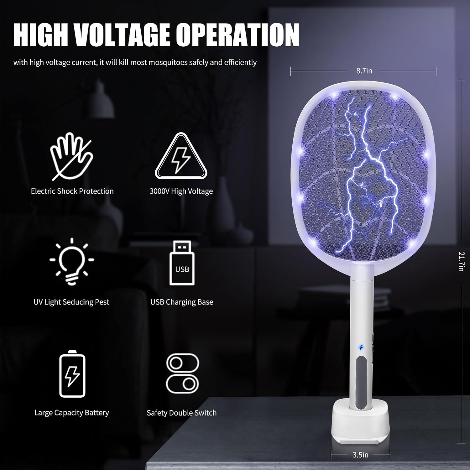 Lulu Home 2-In-1 Electric Bug Zapper Racket, 4000V High Voltage Led Lighted Handheld Mosquito Swatter With 3 Layer Safety Mesh, Usb Charging Portable Fly Killer Racquet For Indoor Outdoor Use