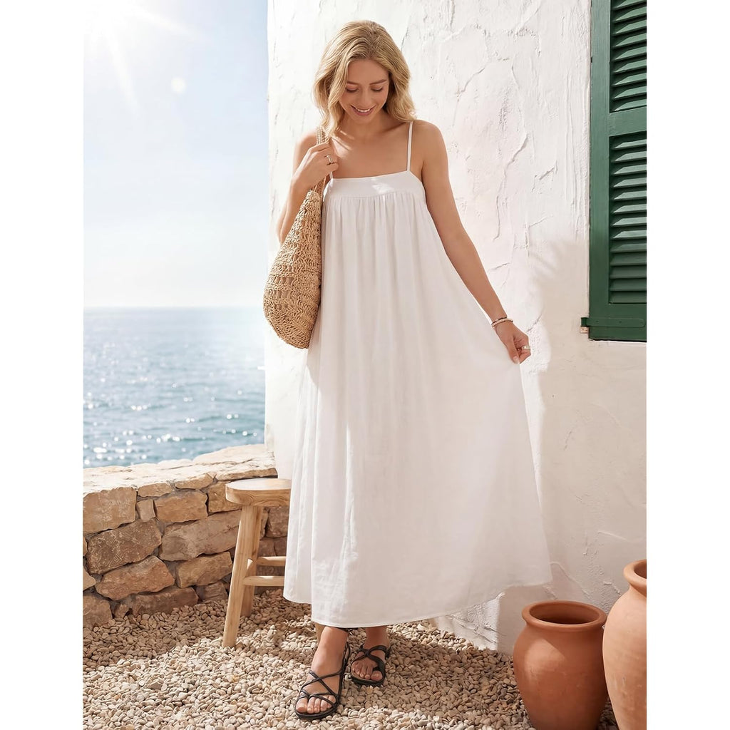 Merokeety Women'S Summer Linen Sundress Boho Maxi Dress | Adjustable Spaghetti Strap, Square Neck, Lightweight & Breathable, Sexy Vacation Beach Dress With Pockets