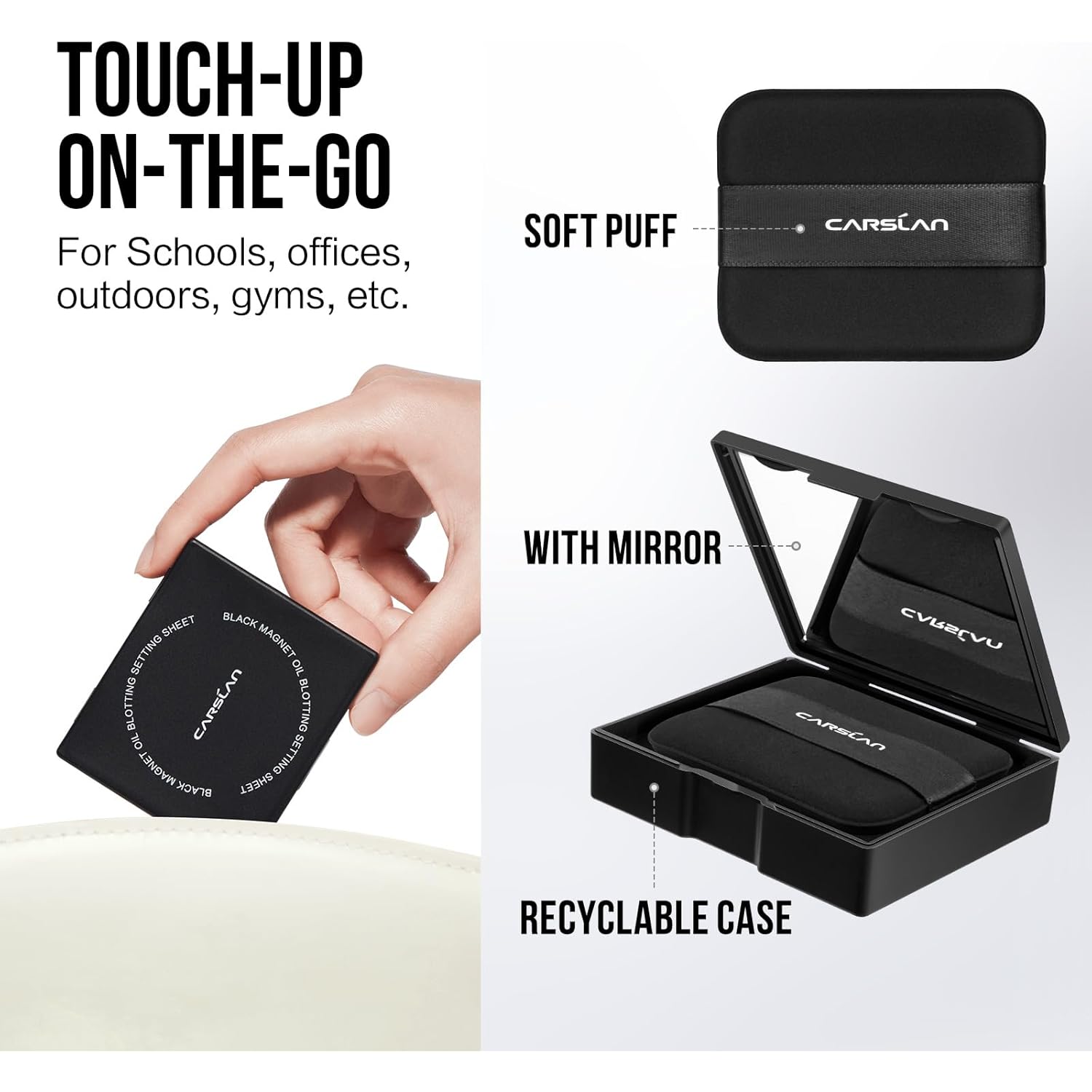 CARSLAN Makeup Blotting Paper with Powder, Black Magnet Blotting Sheet for Oily & Combination Skin, Portable Compact with Puff & Mirror, Keeps Makeup Fresh All Day, 150 Sheets + 8 Refill Adhesive Pads