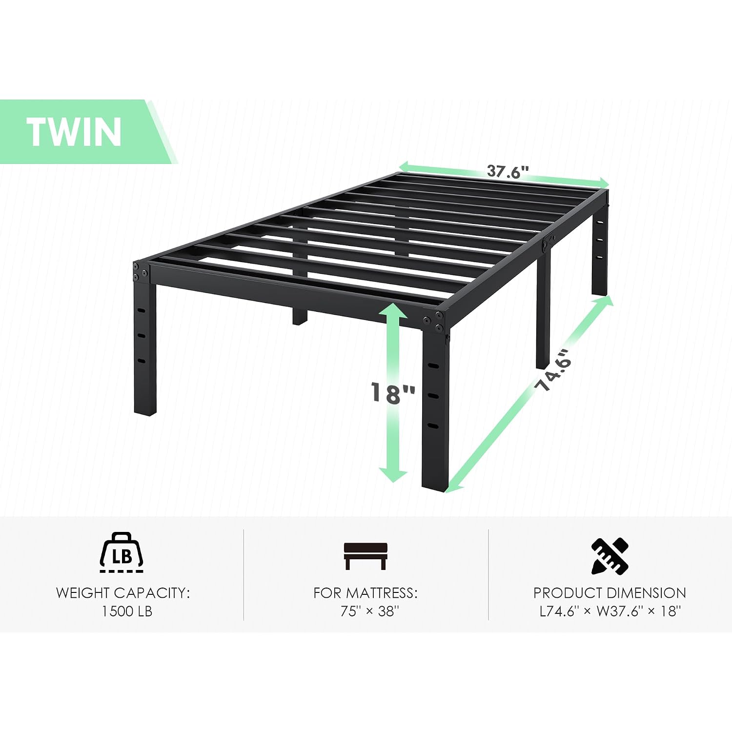 Twin Bed Frame - 18 In Sturdy Platform Bed Frame Twin Size, Heavy Duty Metal Bed Frame No Box Spring Needed, Quick & Easy Assembly, No Noise, Black