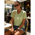 Women's T-Shirts V-Neck Dragonfly Tee Vintage Floral Shirt Boho Wildflowers Graphic Shirts Short Sleeve Tops